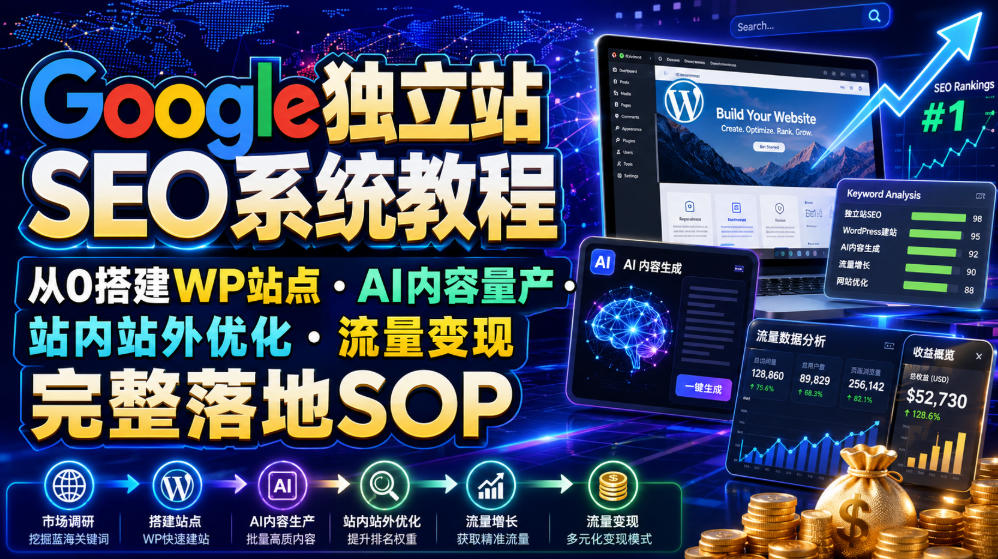 Google独立站SEO系统教程，从0搭建WP站点・AI内容量产・站内站外优化・流量变现完整落地SOP(2026年7月)-云启智联