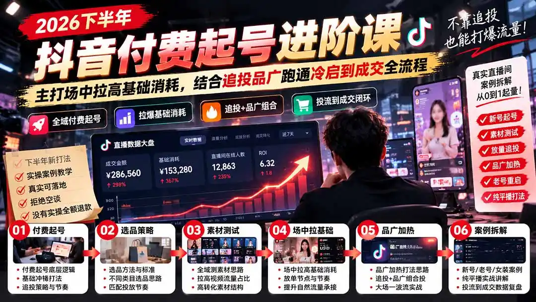 2026下半年抖音付费起号进阶课：主打场中拉高基础消耗，结合追投品广跑通冷启到成交全流程-云启智联