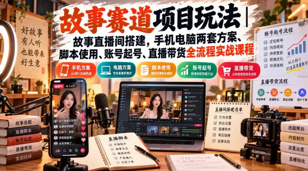 故事赛道项目玩法｜故事直播间搭建，手机电脑两套方案、脚本使用、账号起号、直播带货全流程实战课程-云启智联