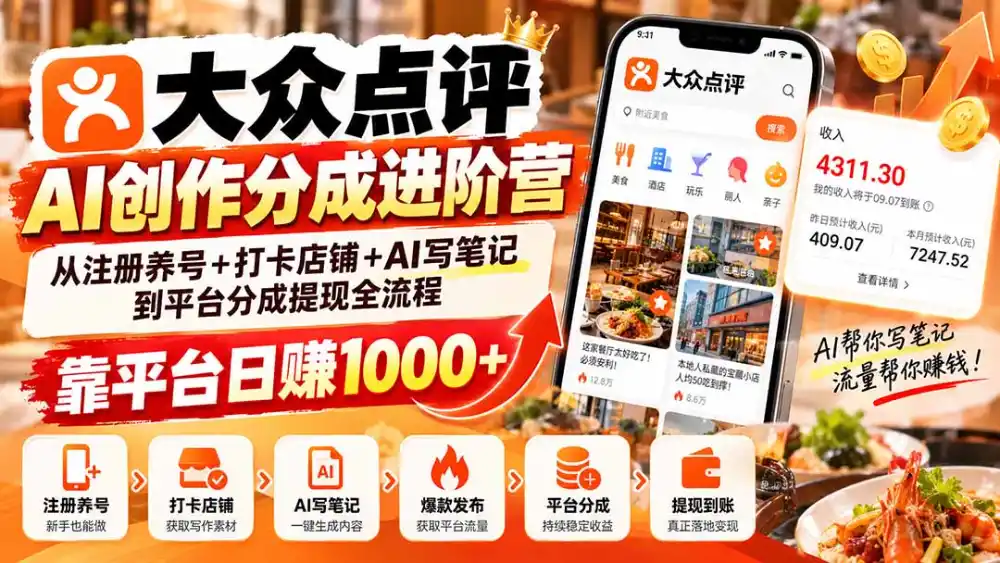大众点评AI创作分成进阶营：从注册养号+打卡店铺+AI写笔记到平台分成提现全流程，靠平台日赚1000+-云启智联