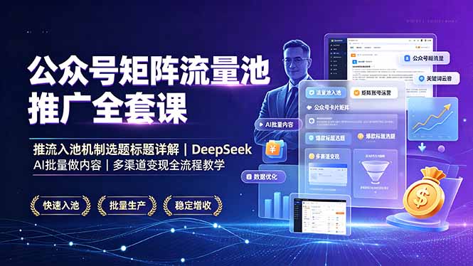公众号矩阵流量池推广全套课，推流入池机制选题标题详解，DeepSeek AI批量做内容，多渠道变现全流程教学-云启智联