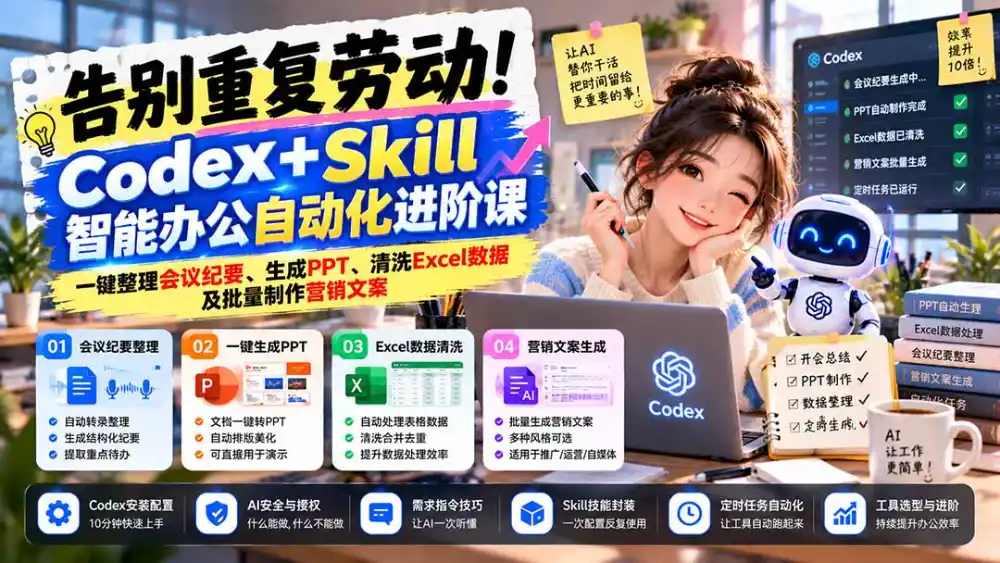 告别重复劳动！Codex+Skill智能办公自动化进阶课：一键整理会议纪要、生成PPT、清洗Excel数据及批量制作营销文案-云启智联