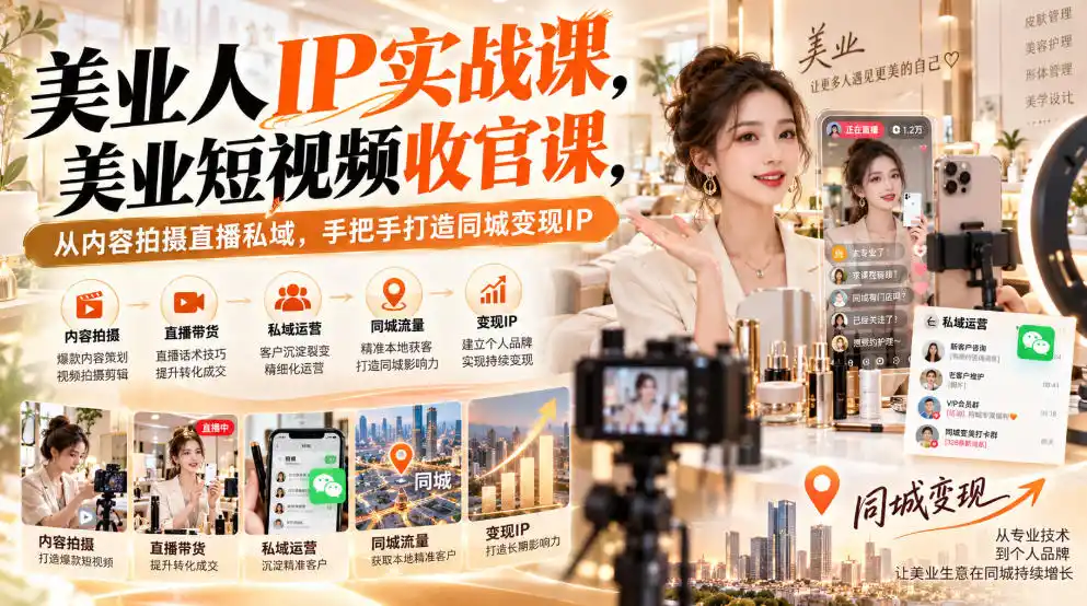 【无水印】美业人IP实战课，美业短视频收官课，从内容拍摄直播私域，手把手打造同城变现IP-云启智联