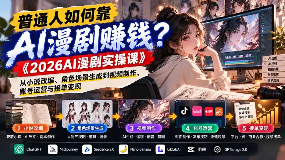 普通人如何靠AI漫剧赚钱？《2026AI漫剧实操课》从小说改编、角色场景生成到视频制作、账号运营与接单变现-云启智联