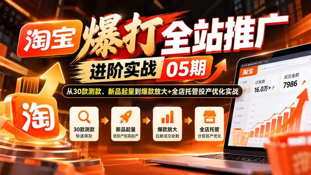 淘宝爆打全站推广进阶实战05期：从30款测款、新品起量到爆款放大+全店托管投产优化实战-云启智联