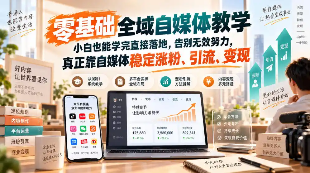 零基础全域自媒体教学，小白也能学完直接落地，告别无效努力，真正靠自媒体稳定涨粉、引流、变现-云启智联