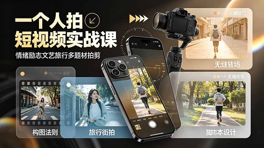 一个人拍短视频实战课：情绪励志文艺旅行多题材×五大景别×黄金构图×八大运镜，从拍摄到成片高效创作-云启智联