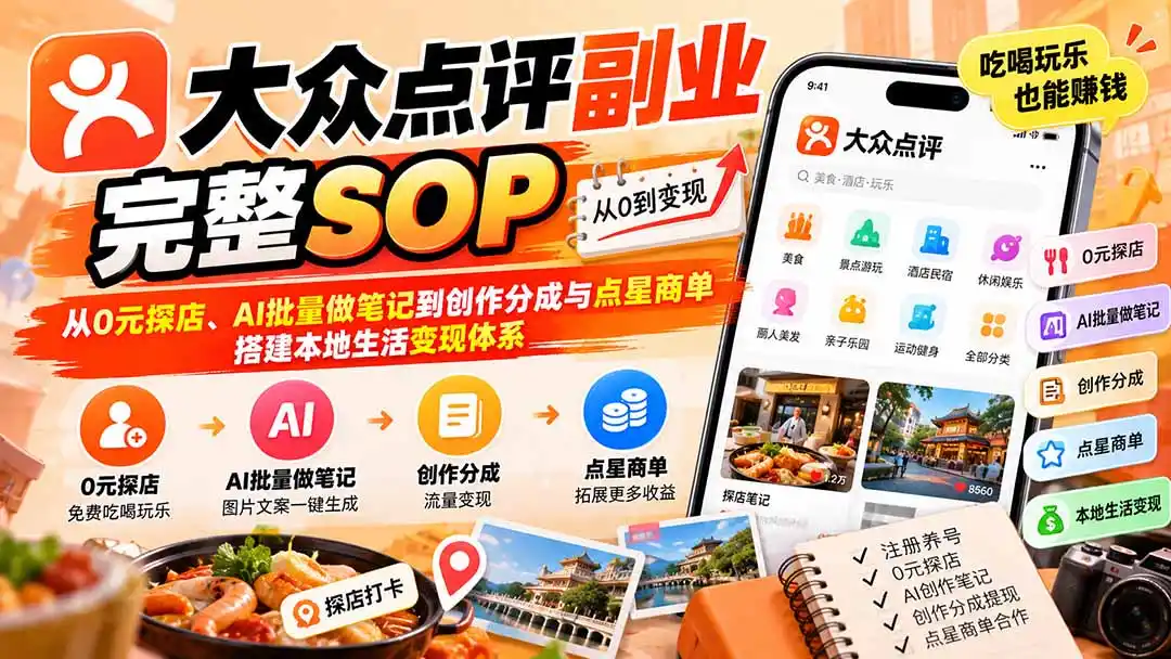 【无水印】大众点评副业完整SOP：从0元探店、AI批量做笔记到创作分成与点星商单，搭建本地生活变现体系-云启智联