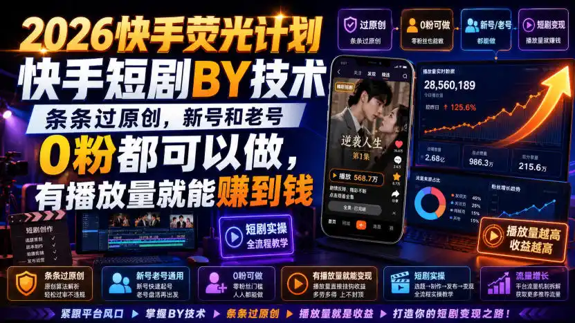 2026快手荧光计划，快手短剧搬运技术，条条过原创，新号和老号0粉都可以做，有播放量就能賺到钱-云启智联