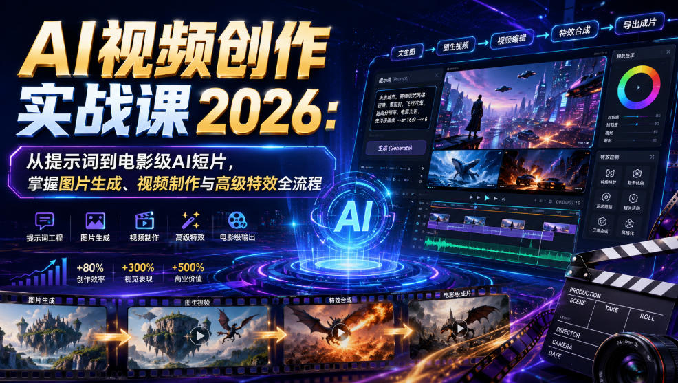 AI视频创作实战课2026：从提示词到电影级AI短片，掌握图片生成、视频制作与高级特效全流程-云启智联