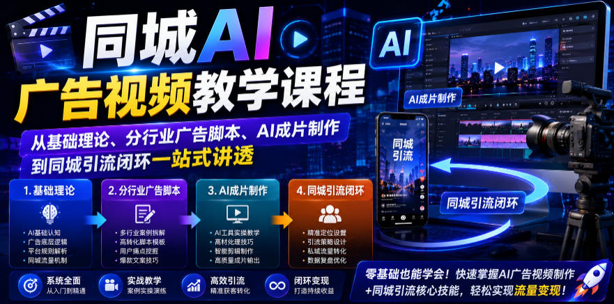 同城AI广告视频教学课程，从基础理论、分行业广告脚本、AI成片制作到同城引流闭环一站式讲透-云启智联