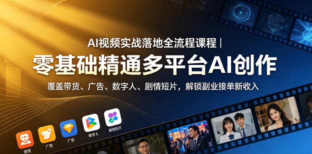 AI视频实战落地全流程课程｜零基础精通多平台AI创作，覆盖带货、广告、数字人、剧情短片，解锁副业接单新收入-云启智联