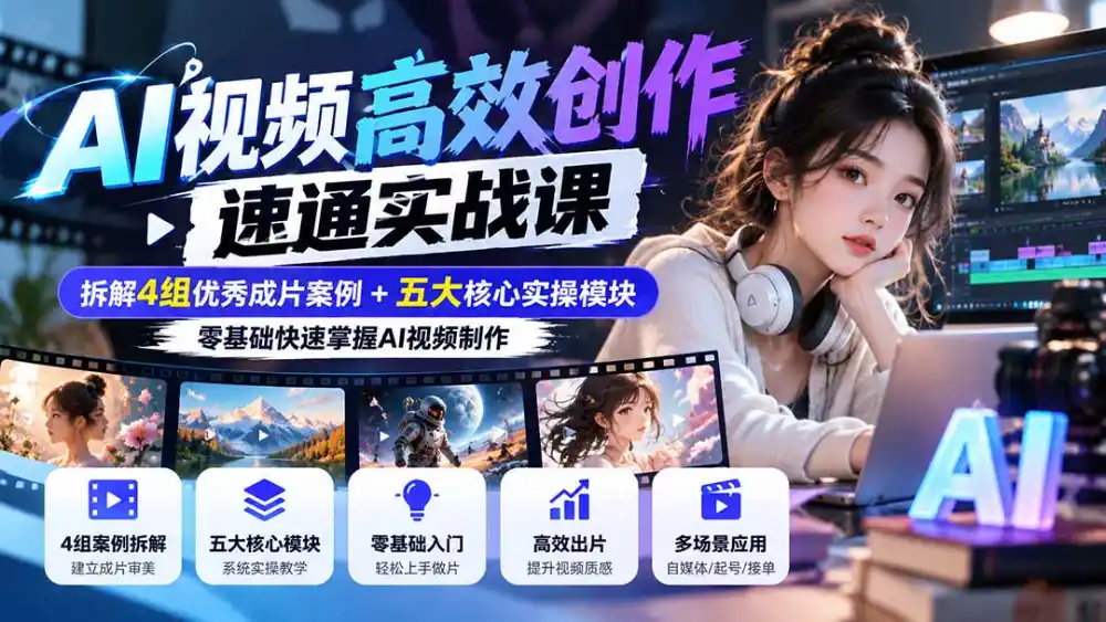 【无水印】AI视频高效创作速通实战课：拆解4组优秀成片案例+五大核心实操模块，零基础快速掌握AI视频制作-云启智联