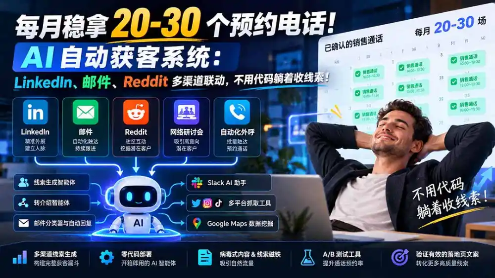 每月稳拿 20-30 个预约电话！AI 自动获客系统：LinkedIn、邮件、Reddit 多渠道联动，不用代码躺着收线索！-云启智联