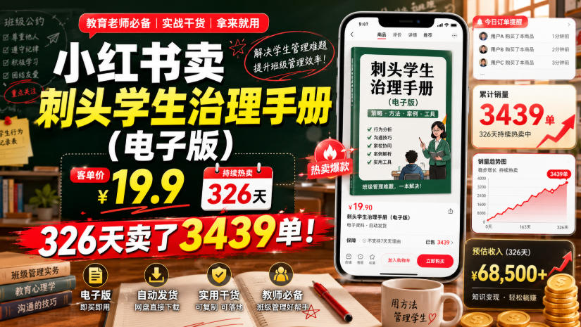 小红书卖刺头学生治理手册(电子版)，客单价19.9，326天卖了3439单！-云启智联