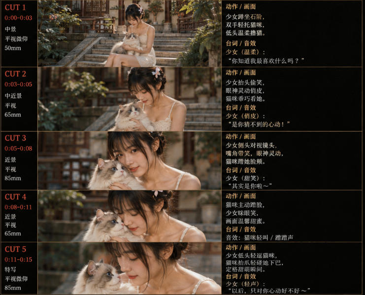 美女和猫故事提示词，人物一致性提示词+故事板-云启智联