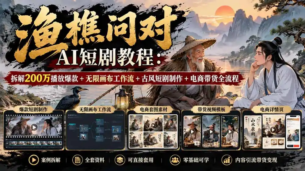 【无水印】渔樵问对AI短剧教程：拆解200万播放爆款+无限画布工作流+古风短剧制作+电商带货全流程-云启智联