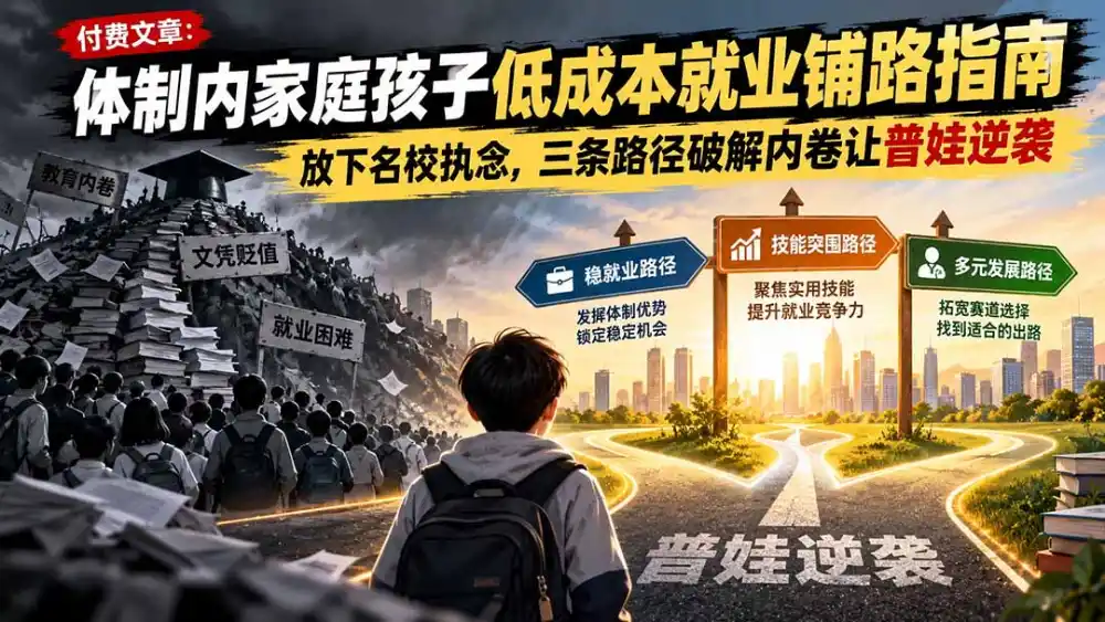 付费文章:体制内家庭孩子低成本就业铺路指南,放下名校执念,三条路径破解内卷让普娃逆袭 付费文章:体制内家庭孩子低成本就业铺路指南,放下名校执念,三条路径破解内卷让普娃逆袭