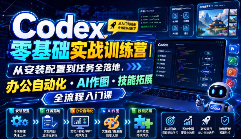 Codex零基础实战训练营｜从安装配置到任务全落地，办公自动化・AI作图・技能拓展全流程入门课-云启智联