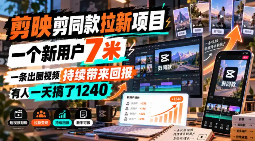 剪映剪同款拉新项目,一个新用户7米,一条出圈视频持续带来回报,有人一天搞了1240-云启智联
