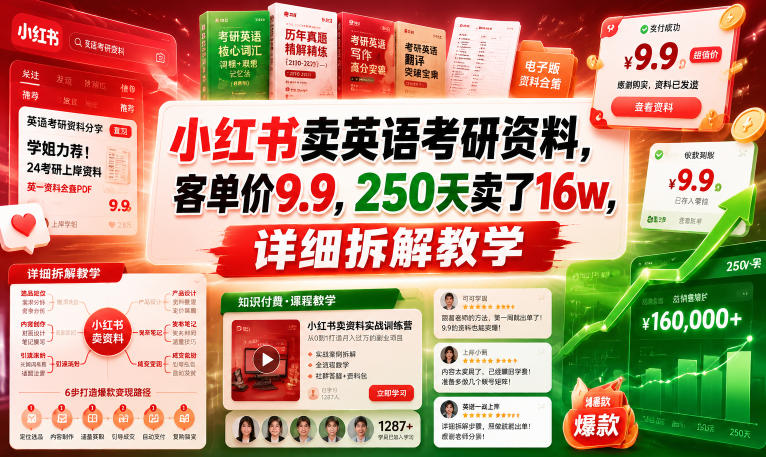 小红书卖英语考研资料，客单价9.9，250天卖了16w，详细拆解教学-云启智联