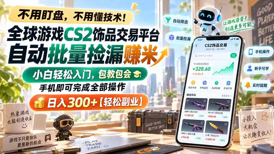 全球游戏CS2饰品交易平台自动批量捡漏赚米,小白轻松入门,包教包会,手机即可完成全部操作,日入300+【轻松副业】 全球游戏CS2饰品交易平台自动批量捡漏赚米,小白轻松入门,包教包会,手机即可完成全部操作,日入300+【轻松副业】