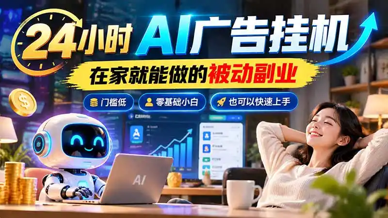 24小时AI广告挂机｜在家就能做的被动副业，门槛低，零基础小白也可以快速上手-云启智联