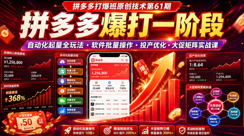 拼多多打爆班原创技术第61期，拼多多爆打一阶段，自动化起量全玩法・软件批量操作・投产优化・大促矩阵实战课-云启智联