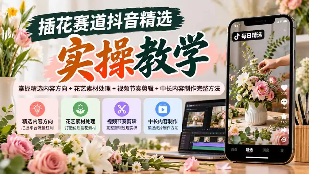 插花赛道抖音精选实操教学：掌握精选内容方向+花艺素材处理+视频节奏剪辑+中长内容制作完整方法-云启智联