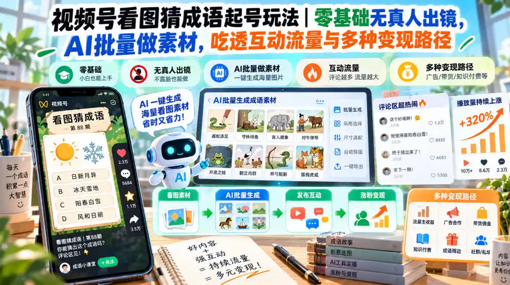 视频号看图猜成语起号玩法|零基础无真人出镜,AI批量做素材,吃透互动流量与多种变现路径-云启智联