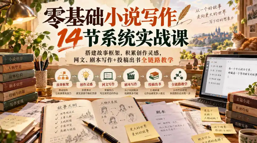 零基础小说写作14节系统实战课,搭建故事框架,积累创作灵感,网文、剧本写作+投稿出书全链路教学-云启智联
