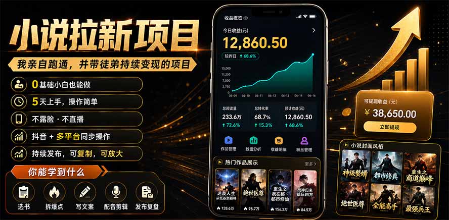 抖音及多平台小说拉新项目：我亲自跑通并持续带徒弟实操｜0基础小白5天上手快速变现-云启智联