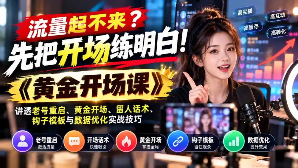 流量起不来?先把开场练明白!《黄金开场课》讲透老号重启、黄金开场、留人话术、钩子模板与数据优化实战技巧 流量起不来?先把开场练明白!《黄金开场课》讲透老号重启、黄金开场、留人话术、钩子模板与数据优化实战技巧