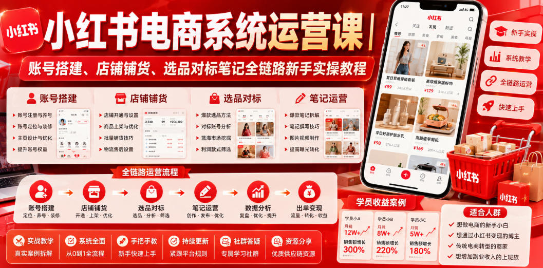 小红书电商系统运营课｜账号搭建、店铺铺货、选品对标笔记全链路新手实操教程-云启智联