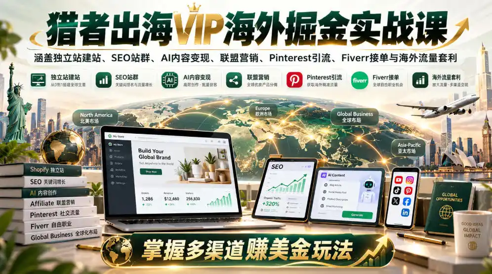 猎者出海VIP海外掘金实战课：涵盖独立站、SEO站群、AI变现、联盟营销、Pinterest引流、Fiverr接单与海外流量套利，掌握多渠道賺美金玩法-云启智联