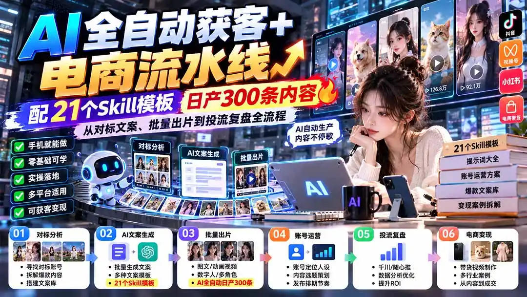 【无水印】AI全自动获客+电商流水线:配21个Skill模板,日产300条内容,从对标文案、批量出片到投流复盘全流程-云启智联