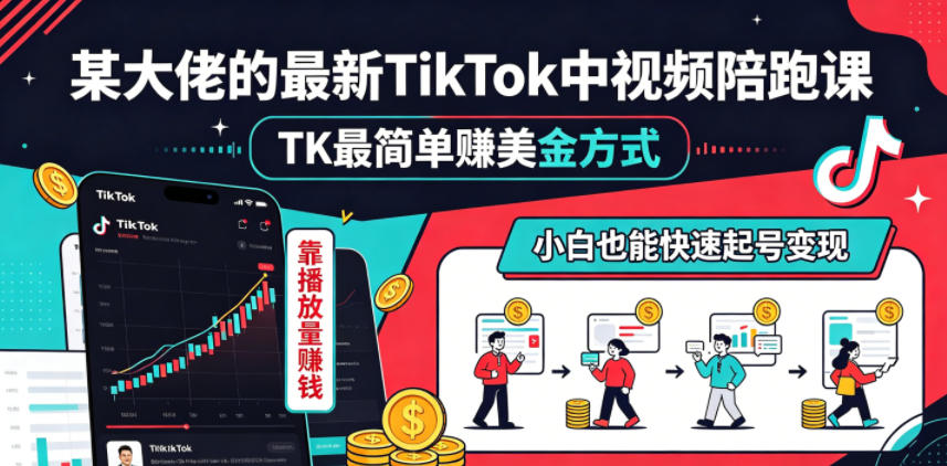 某大佬的最新TikTok中视频陪跑课，TK最简单賺美金方式，靠播放量賺钱，小白也能快速起号变现-云启智联