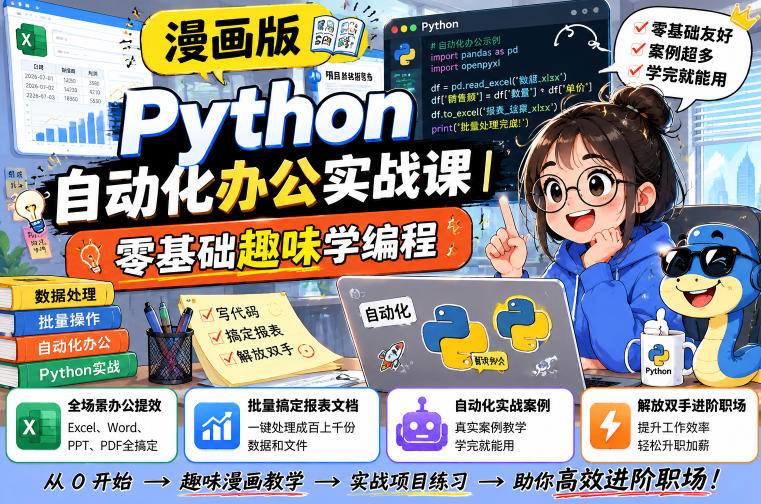漫画版Python自动化办公实战课｜零基础趣味学编程，全场景办公提效、批量搞定报表文档、解放双手进阶职场-云启智联