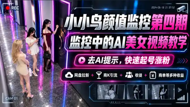 小小鸟颜值监控第四期，监控中的AI美女视频教学，去AI提示，快速起号涨粉，网盘拉新+商K引流+收徒+商单等多种收益-云启智联