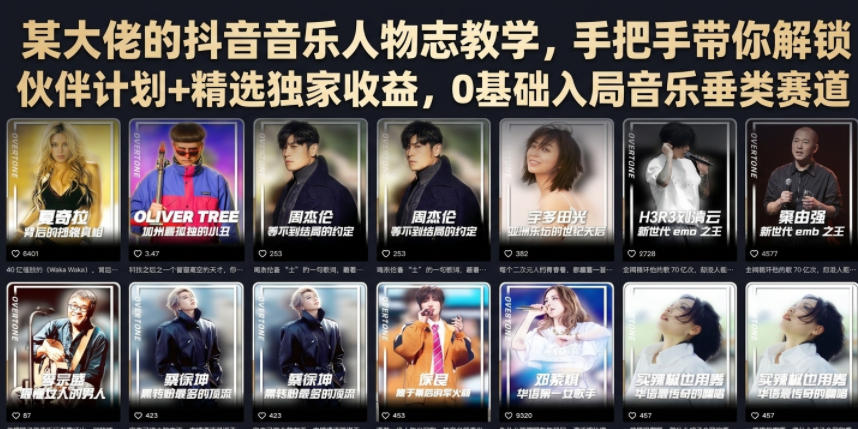 某大佬的抖音音乐人物志教学，手把手带你解锁伙伴计划+精选独家收益，0基础入局音乐垂类赛道-云启智联