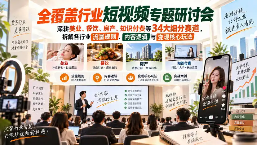 短视频专题研讨会,深耕美业、餐饮、房产、知识付费等34大细分赛道,拆解各行业流量规则、内容逻辑与变现核心玩法-云启智联