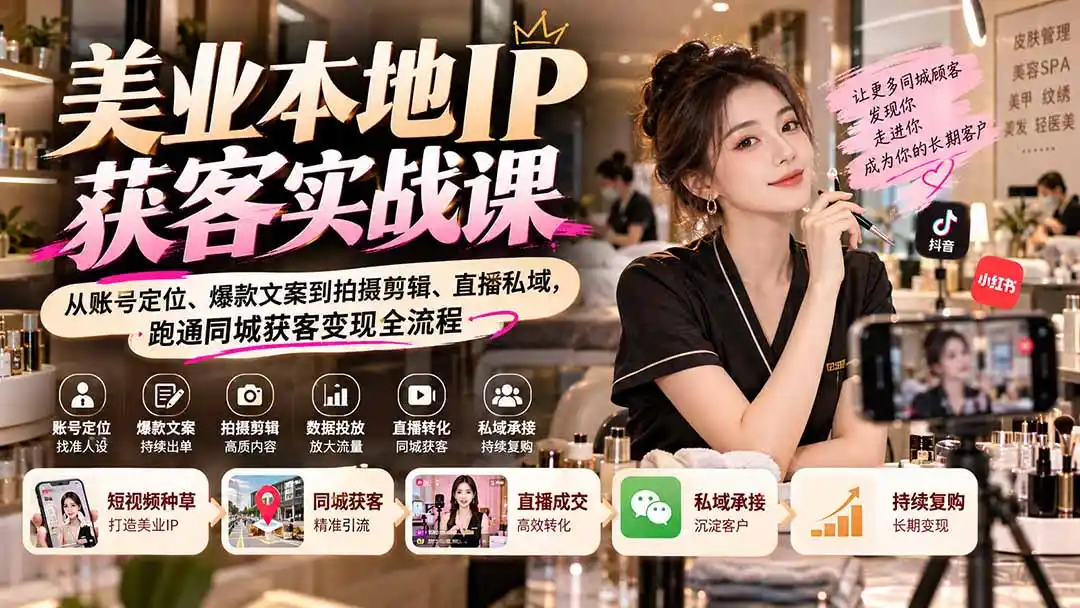 【无水印】美业本地IP获客实战课：从账号定位、爆款文案到拍摄剪辑、直播私域，跑通同城获客变现全流程-云启智联