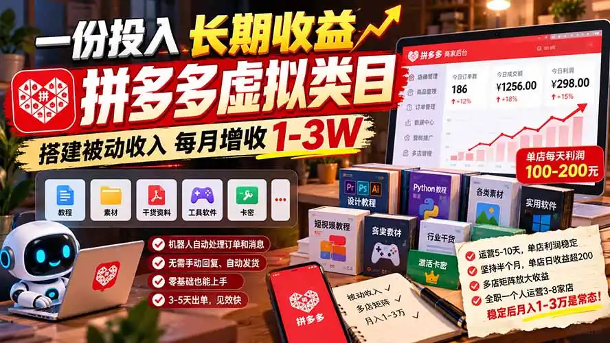 一份投入长期收益，拼多多虚拟类目，搭建被动收入每月增收 1-3W-云启智联
