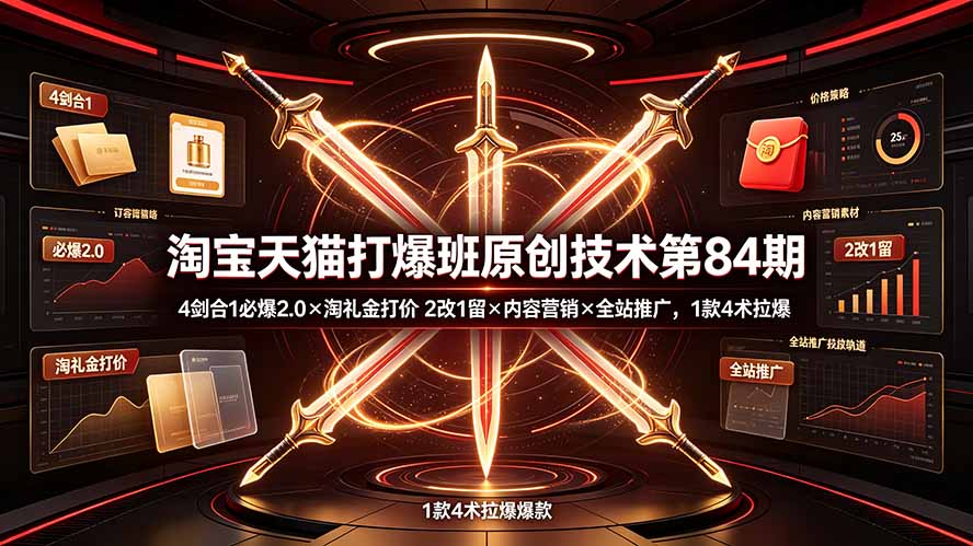 淘宝天猫打爆班原创技术第84期：4剑合1必爆2.0×淘礼金打价×2改1留×内容营销×全站推广，1款4术拉爆-云启智联