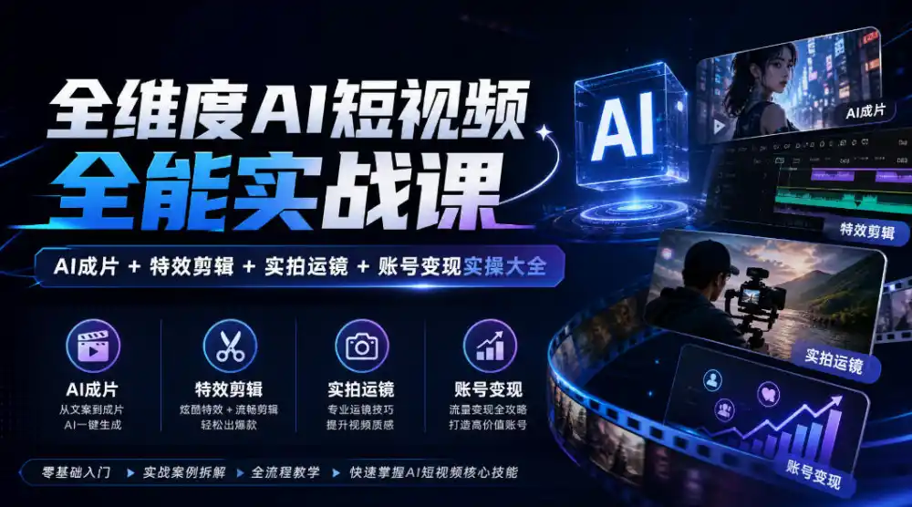 全维度AI短视频全能实战课，AI成片+特效剪辑+实拍运镜+账号变现实操大全-云启智联