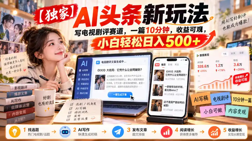 【独家】AI头条新玩法,写电视剧评赛道,一篇10分钟,收益可观,小白轻松日入500+-云启智联