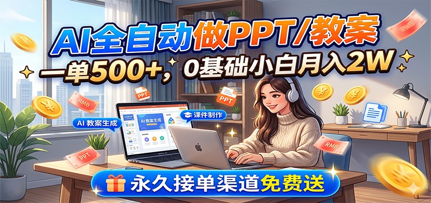 AI全自动做PPT/教案，一单500+，0基础小白月入2W，永久接单渠道免费送-云启智联