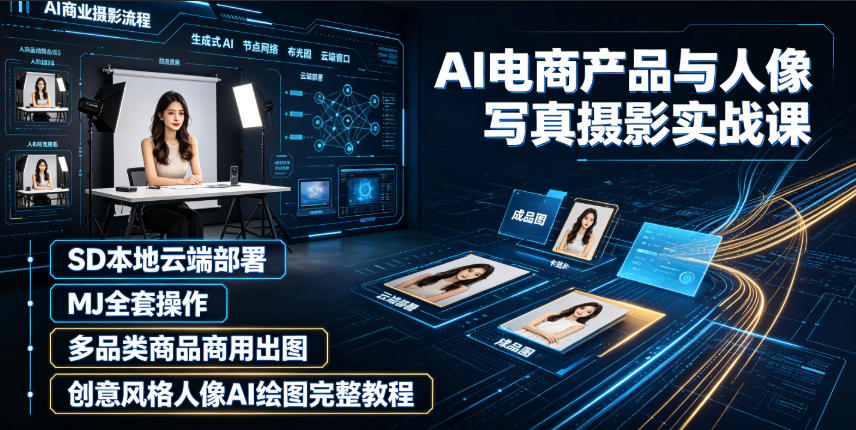 AI电商产品与人像写真摄影实战课｜SD本地云端部署、MJ全套操作、多品类商品商用出图、创意风格人像AI绘图完整教程-云启智联
