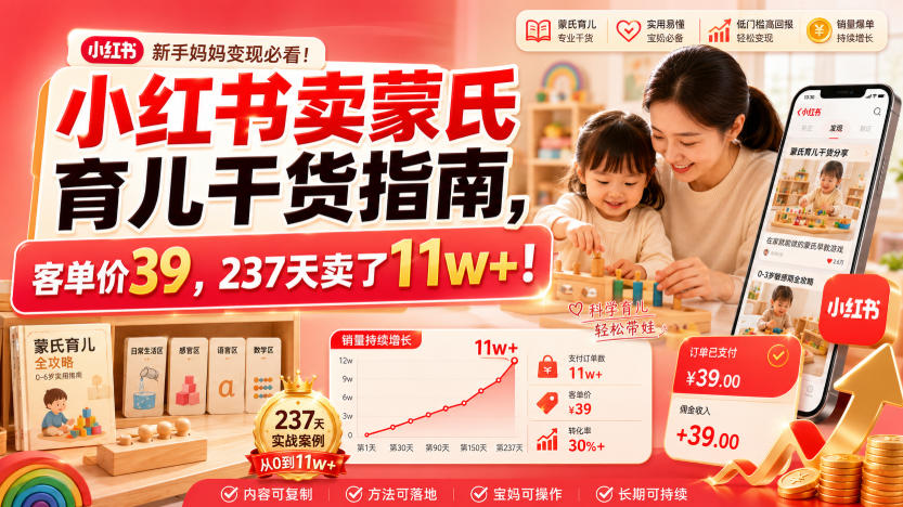 小红书卖蒙氏育儿干货指南，客单价39，237天卖了11w+！-云启智联