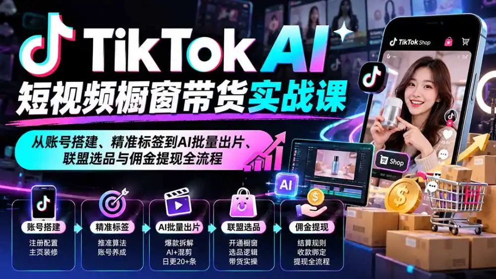 TikTok AI短视频橱窗带货实战课：从账号搭建、精准标签到AI批量出片、联盟选品与佣金提现全流程-云启智联